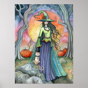 Automne Halloween sorcière Chat Poster d'art Impri