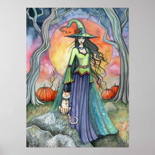 Automne Halloween sorcière Chat Poster d'art Impri (Devant)