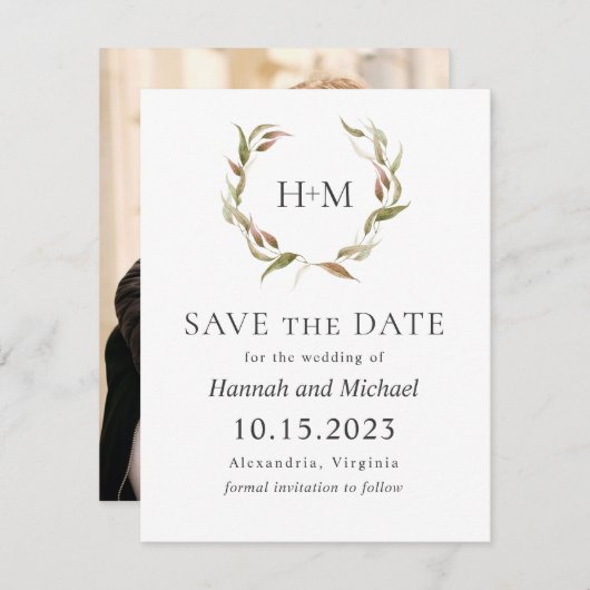 Automne Laurel Wreath Save the Date with Photo (Devant / Derrière)
