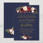 Automne Marsala Floral Navy Elégante Carte de Mari (Devant / Derrière)