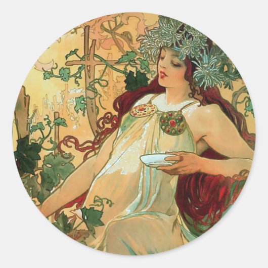 Automne par Alphonse Mucha Stickers Art Nouveau (Devant)