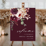 Automne Romance Bourgogne Fête des mariées Affiche<br><div class="desc">Ce panneau d'accueil pour la douche nuptiale présente un bouquet de fleurs d'aquarelle de dahlias, de roses de jardin et de pivoines en rouge bordeaux, marron, rose roux sur les feuilles d'automne. Pour une personnalisation plus avancée de cette conception, cliquez sur le BOUTON OUTIL DESIGN BLEU. Des articles correspondants sont...</div>