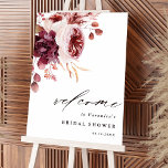 Automne Romance Floral Fête des mariées Affiche de<br><div class="desc">Ce panneau d'accueil de la douche nuptiale comprend un bouquet de fleurs d'aquarelle de dahlia, rose de jardin, pivoine, et gazon de pampas en rouge bordeaux, marron, rose roux sur les feuilles d'automne. Pour une personnalisation plus avancée de cette conception, cliquez sur le BOUTON OUTIL DESIGN BLEU. Des articles correspondants...</div>