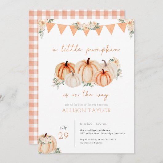 Automne Un Baby shower Invitation un peu Citrouill (Devant / Derrière)