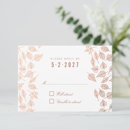 Automne Whimsical Feuille Mariage en cuivre carte (Debout devant)