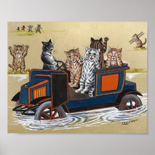 Automobiel in diep water, Louis Wain Poster