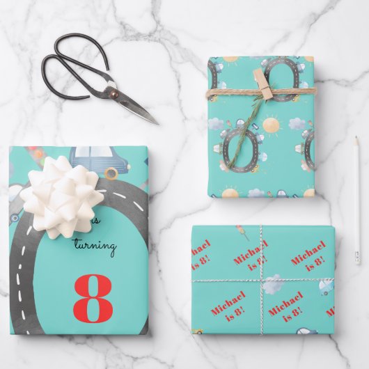 Auto's en voertuigen op de weg jongen verjaardag inpakpapier vel (Voorkant)