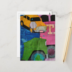 Auto's en vrachtwagens heldere kleuren mixed media briefkaart