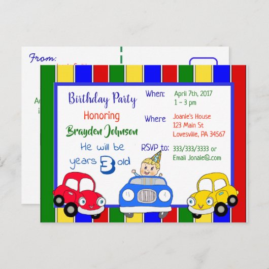 Auto's Rood Blauw Groene Jongen Verjaardag Uitnodi Uitnodiging Briefkaart (Voorkant / Achterkant)
