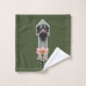 Autruche Rose Fleurs Vert Olive Art Déco (Gant de toilette)