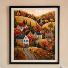 Autumn Apple Harvest Folk Art Oil Painting Poster