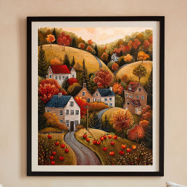 Autumn Apple Harvest Folk Art Oil Painting Poster