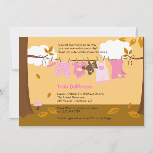 Autumn Baby Clothesline Pink Girl 5x7 Baby shower Kaart (Voorkant)