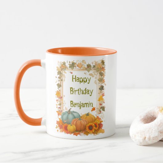 Autumn Birthday Mug Personalized Fall Pumpkins Mok (Met donut)