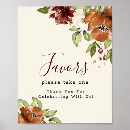 Autumn Blooming Floral Maroon Favors Sign Poster (Voorkant)
