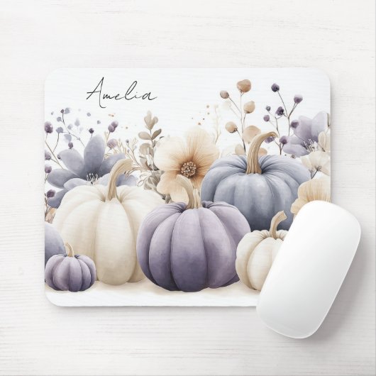 Autumn Blue and Beige Pumpkins and Flowers Muismat (Met muis)