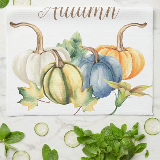 Autumn Blue White Green Sinaasappel Pumpkin Waterv Theedoek (Gevouwen)