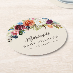 Autumn Boho bloeit gepersonaliseerd Baby shower Ronde Kartonnen Onderzetter