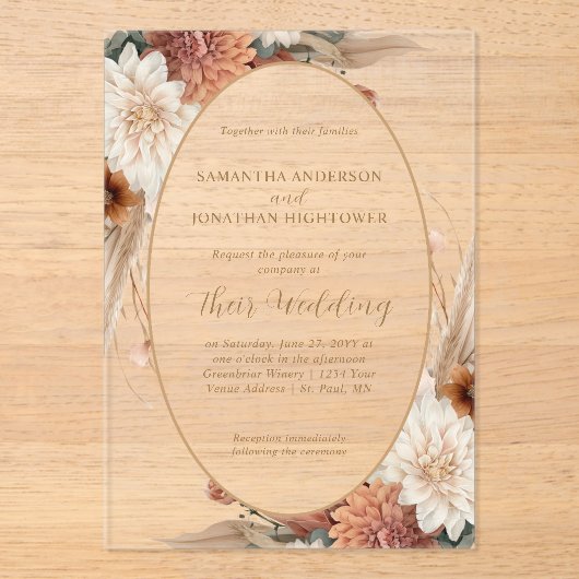 Autumn Boho Floral Oval Border Wedding | Acryl Uitnodigingen (Voorkant)