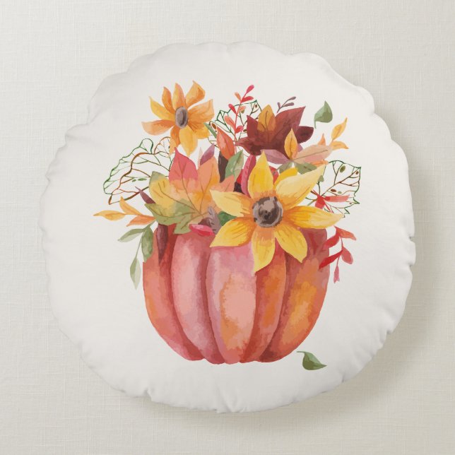 Autumn Boho Waterverf Pompoen Rond Kussen (Voorkant)