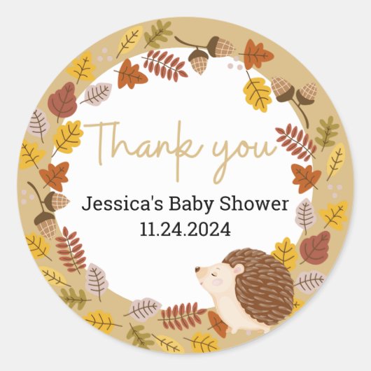 Autumn Brown Hedgehog Baby shower Dank u Ronde Sticker (Voorkant)