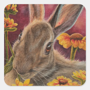 Autumn Bunny Rabbit Yellow Flowers Waterverf Art Vierkante Sticker