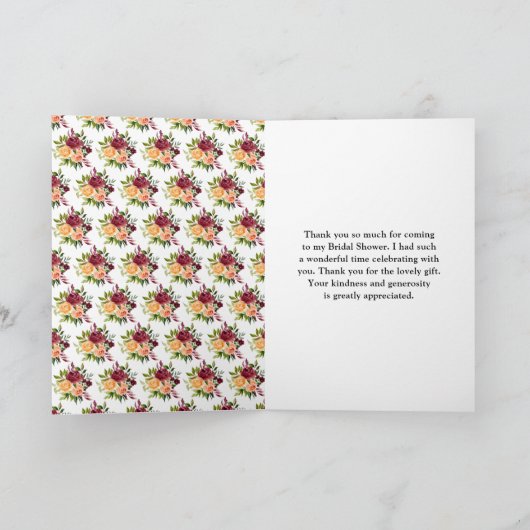 Autumn Burgundy and Orange Floral Bridal Shower Bedankkaart (Binnen)
