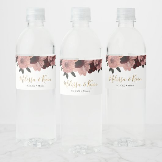 Autumn Burgundy Floral Water Fles Label Waterfles Etiket (Flessen)
