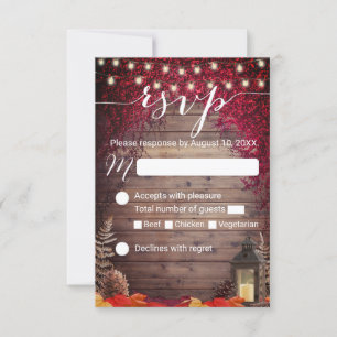 Autumn Burgundy Leaves Rustic Lantern Wedding RSVP Kaartje