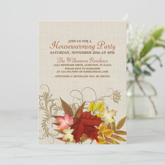 Autumn Burlap & Leaves Housewarming Invitation Kaart (Staand voorkant)