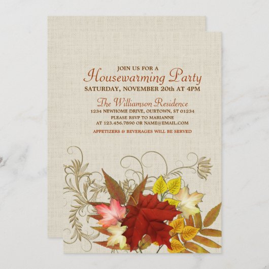 Autumn Burlap & Leaves Housewarming Invitation Kaart (Voorkant / Achterkant)