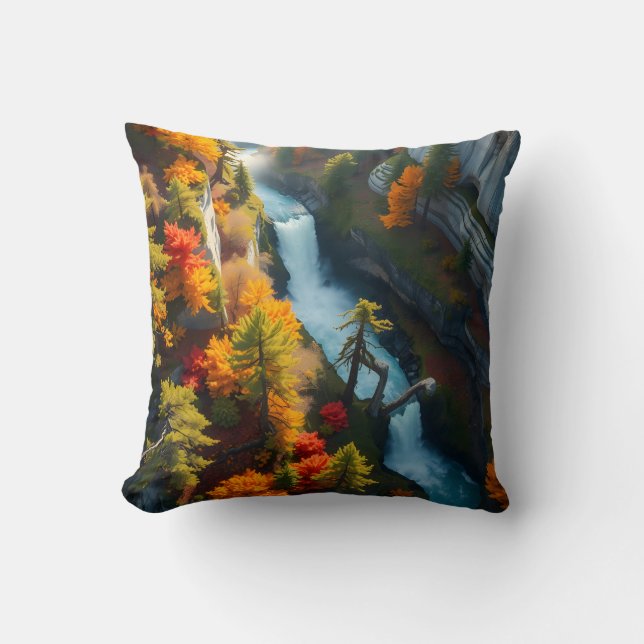 Autumn Canyon Waterfall – Vibrant Fall Forest Land Kussen (Voorkant)