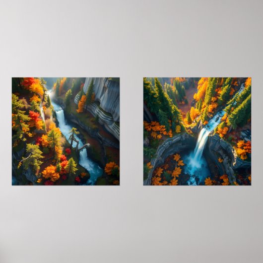 Autumn Canyon Waterfall – Vibrant Fall Forest Land Muurkunst Sets (Voorkant)