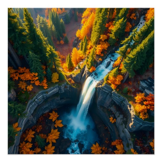 Autumn Canyon Waterfall – Vibrant Fall Forest Land Perfect Poster (Voorkant)