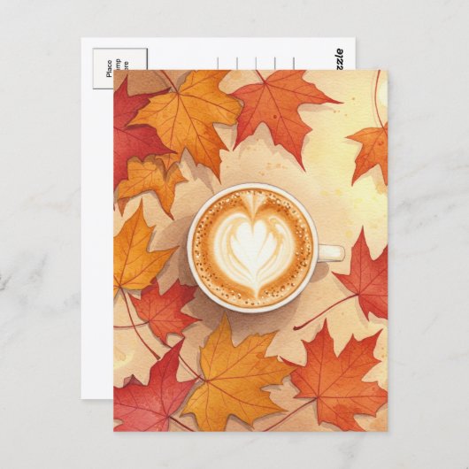 Autumn Coffee Postcard Cozy Fall Leaves Latte Art Briefkaart (Voorkant / Achterkant)