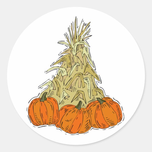 Autumn Cornstalks Pumpkins Ronde Sticker (Voorkant)