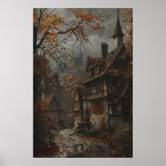 Autumn Cottage Art Print, Rustic Fall Wall Art Poster