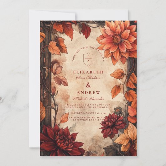 Autumn Dahlia Elegance bruiloft Kaart (Voorkant)