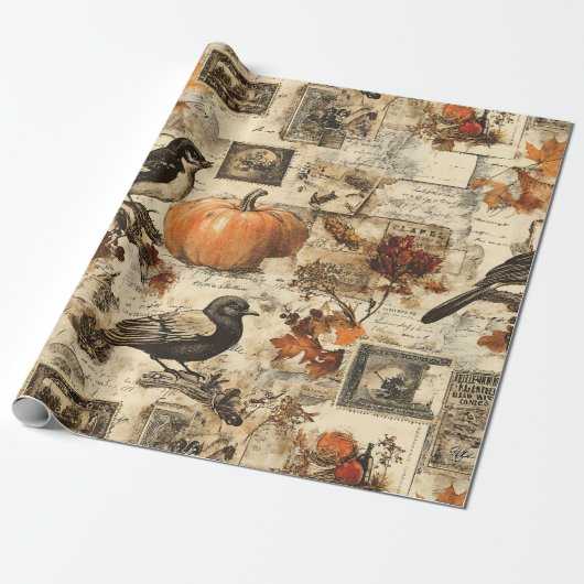  Autumn Ephemera Collage | Rustic Birds Cadeaupapier (Uitgerold)