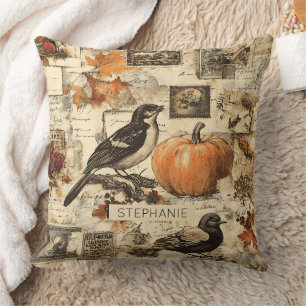  Autumn Ephemera Collage   Rustic Birds Kussen