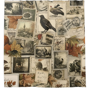 Autumn Ephemera Collage Rustieke vogels (2) Douchegordijn
