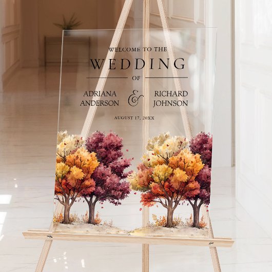 Autumn Fall Burgundy Trees Wedding Welcome Acryl Bord