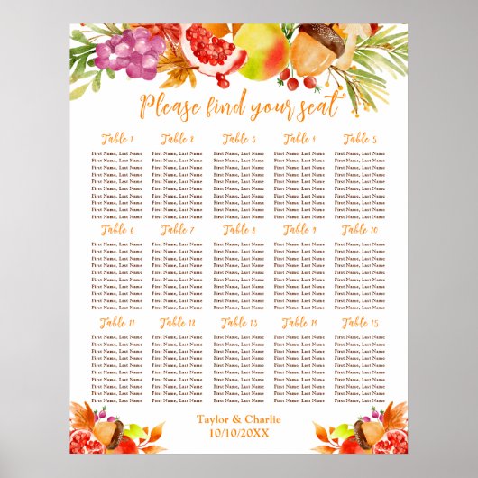 Autumn Fall Harvest 15 Tables Seating Chart Poster (Voorkant)