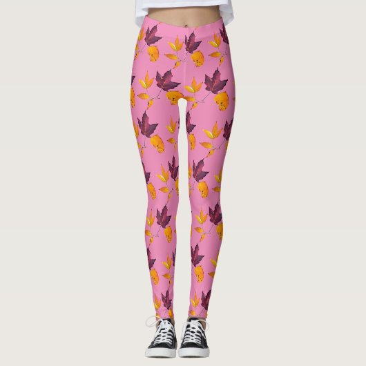 Autumn Fall Leaves Mauve Burgundy and White Leggings (Voorkant)