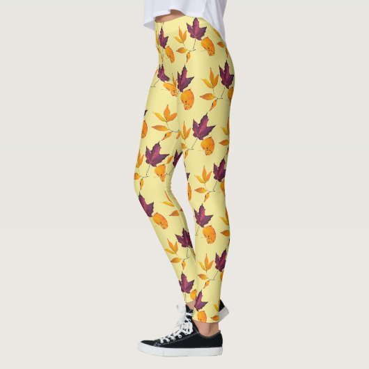 Autumn Fall Leaves Yellow Mauve Burgundy and White Leggings (Links)