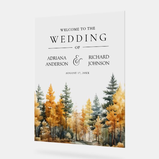 Autumn Fall Pine Trees Wedding Welcome Acryl Bord (Hoek)