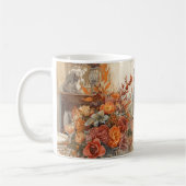 Autumn Fall with Falling leaves at dinner table Koffiemok (Links)