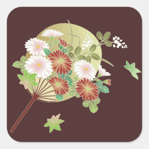 Autumn Floral Japans Kimono Pattern Vierkante Sticker