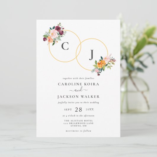 Autumn Floral Monogram Weddenschap Kaart (Staand voorkant)