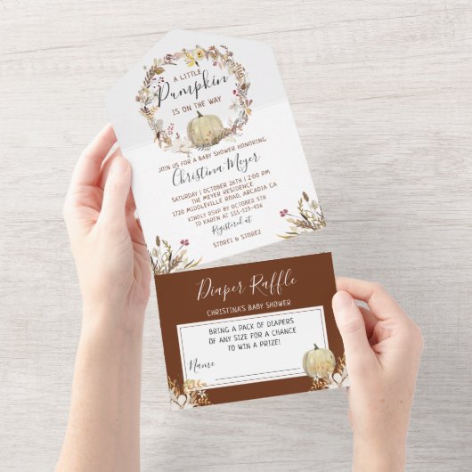 Autumn Floral Pumpkin-Baby shower en luieraffle All In One Uitnodiging (Afscheurbaar)